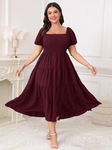 Womens Plus Size Casual Dress Short Puff Sleeve Square Neck Smocked Tiered Summer A Line Flowy Long Maxi Dresses in Kuwait