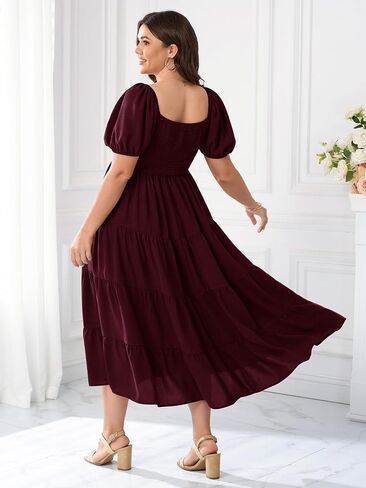 Womens Plus Size Casual Dress Short Puff Sleeve Square Neck Smocked Tiered Summer A Line Flowy Long Maxi Dresses in Kuwait