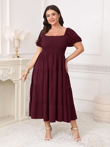 Womens Plus Size Casual Dress Short Puff Sleeve Square Neck Smocked Tiered Summer A Line Flowy Long Maxi Dresses in Kuwait