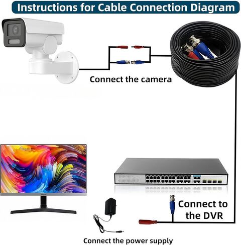 1PCS 100ft/30m Integrated BNC Video Power Cable Extension. Ideal for Security Cameras, CCTV, Surveillance, and DVR System installations Free 2×BNC connectors in Kuwait