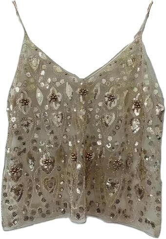 Womens Summer Sequin Sparkle Strape Camisole See Through Tank V Neck Y2k Cute Beaded Top in Kuwait