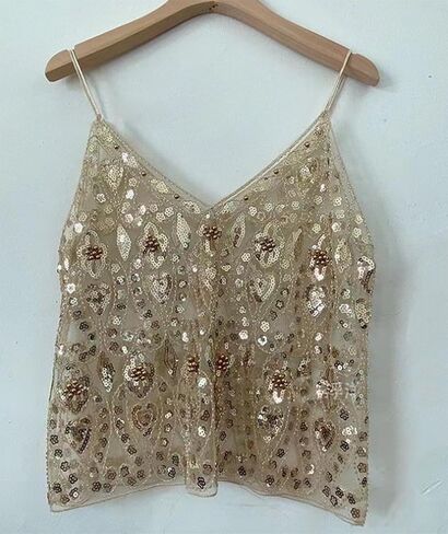 Womens Summer Sequin Sparkle Strape Camisole See Through Tank V Neck Y2k Cute Beaded Top in Kuwait