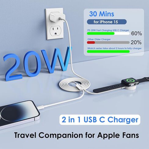 Upgraded [MFi Certified] 2 in 1 USB C Charging Cable for Apple Watch Charger,iPhone 16 15 iWatch Charging Cable Cord with 20W Wall Charger Block for iWatch Series Ultra/SE/10/9/8/7/6/5/4/3/2-4FT in Saudi Arabia
