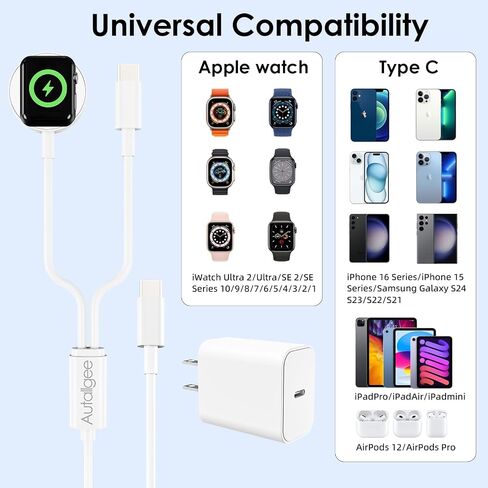 Upgraded [MFi Certified] 2 in 1 USB C Charging Cable for Apple Watch Charger,iPhone 16 15 iWatch Charging Cable Cord with 20W Wall Charger Block for iWatch Series Ultra/SE/10/9/8/7/6/5/4/3/2-4FT in Saudi Arabia