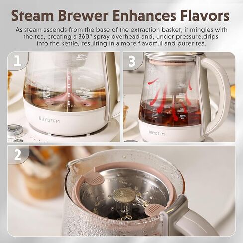 Buydeem K2423 Tea Maker, Durable 316 Stainless Steel & German Schott Glass Electric Kettle, Removable Infuser, Auto Keep Warm, BPA Free, 1.2L in Kuwait