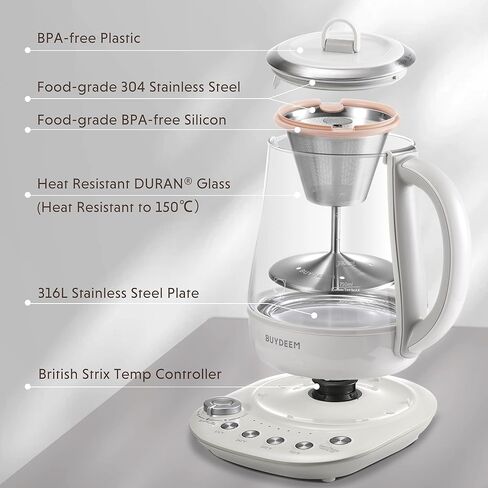 Buydeem K2423 Tea Maker, Durable 316 Stainless Steel & German Schott Glass Electric Kettle, Removable Infuser, Auto Keep Warm, BPA Free, 1.2L in Kuwait