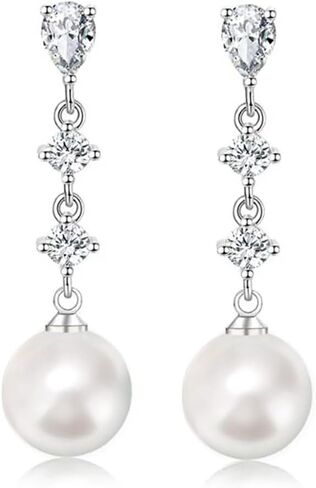 10mm White Pearl Drop Earrings for Women Bridal Wedding Jewelry - 14K Silver Plated Cubic Zirconia Studs, Hypoallergenic Bridesmaid Gifts in Saudi Arabia