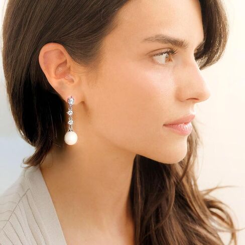 10mm White Pearl Drop Earrings for Women Bridal Wedding Jewelry - 14K Silver Plated Cubic Zirconia Studs, Hypoallergenic Bridesmaid Gifts in Saudi Arabia