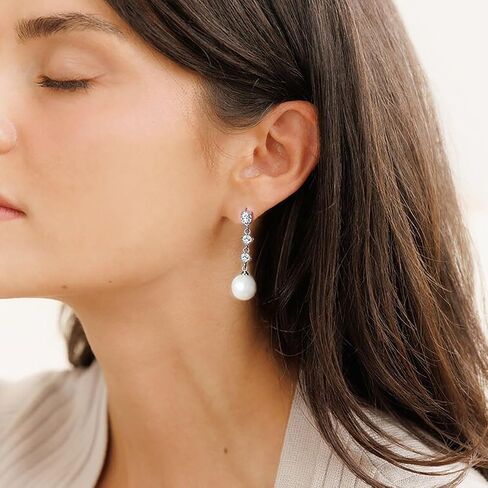 10mm White Pearl Drop Earrings for Women Bridal Wedding Jewelry - 14K Silver Plated Cubic Zirconia Studs, Hypoallergenic Bridesmaid Gifts in Saudi Arabia