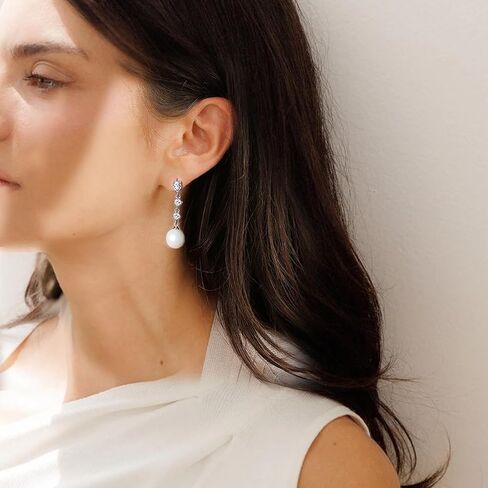 10mm White Pearl Drop Earrings for Women Bridal Wedding Jewelry - 14K Silver Plated Cubic Zirconia Studs, Hypoallergenic Bridesmaid Gifts in Saudi Arabia