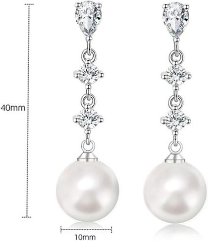 10mm White Pearl Drop Earrings for Women Bridal Wedding Jewelry - 14K Silver Plated Cubic Zirconia Studs, Hypoallergenic Bridesmaid Gifts in Saudi Arabia