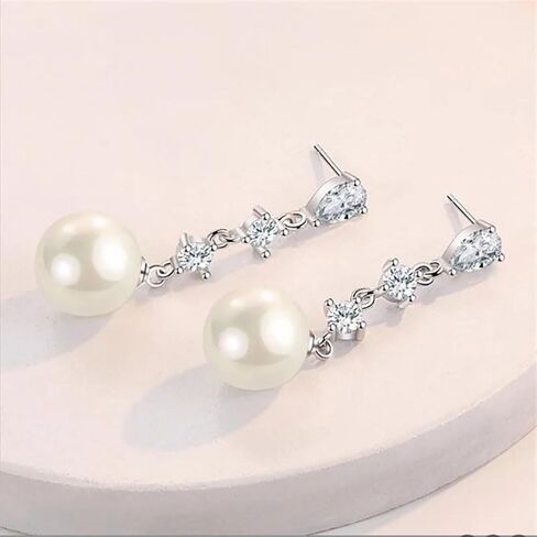 10mm White Pearl Drop Earrings for Women Bridal Wedding Jewelry - 14K Silver Plated Cubic Zirconia Studs, Hypoallergenic Bridesmaid Gifts in Saudi Arabia