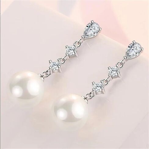 10mm White Pearl Drop Earrings for Women Bridal Wedding Jewelry - 14K Silver Plated Cubic Zirconia Studs, Hypoallergenic Bridesmaid Gifts in Saudi Arabia