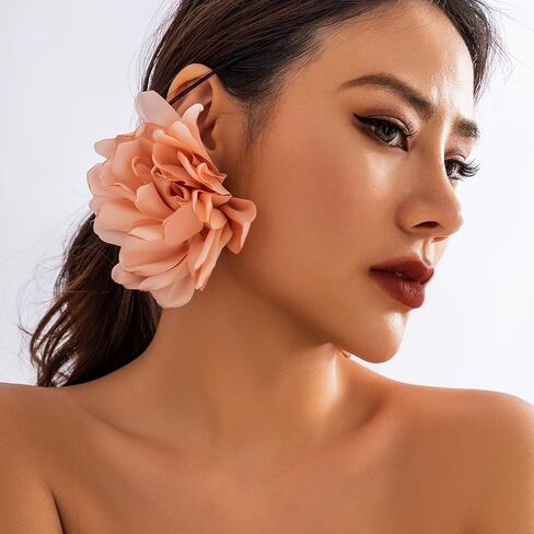 Large Fabric Floral Dangle Earrings for Women Vintage Exaggeration Chiffon Rose Flower Petal Earring Fashion Cloth Floral Earrings Charm Jewelry Gifts in Saudi Arabia