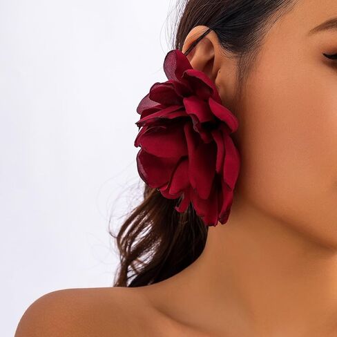 Large Fabric Floral Dangle Earrings for Women Vintage Exaggeration Chiffon Rose Flower Petal Earring Fashion Cloth Floral Earrings Charm Jewelry Gifts in Saudi Arabia