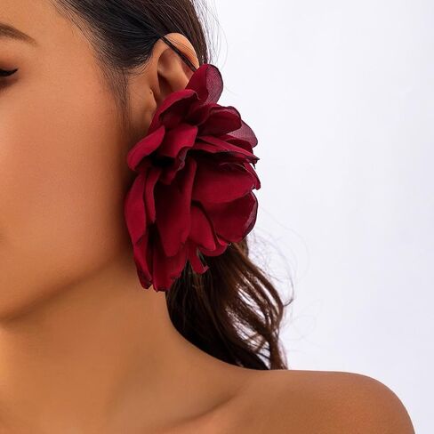 Large Fabric Floral Dangle Earrings for Women Vintage Exaggeration Chiffon Rose Flower Petal Earring Fashion Cloth Floral Earrings Charm Jewelry Gifts in Saudi Arabia