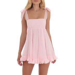 Women's Babydoll Mini Dress Tie Shoulder Backless Bow Party Summer Sundress Flowy Short Graduation Dress in Kuwait