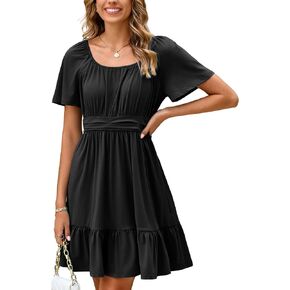 Simplee Womens Summer Dresses 2025 Mini Square Neck Casual Short Sleeve Shirred Flowy A-Line Dress with Pockets in Kuwait