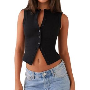 Luckinbaby Women Y2k Knitted Button Down Tank Top Summer Ribbed Sleeveless Vest Tops Sleeveless Slim Fit Cropped Shirts in Kuwait