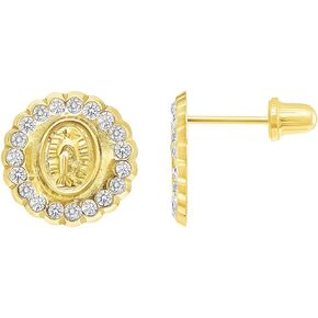 14k Yellow Gold Cubic Zirconia Round Our Lady Of Guadalupe Stud Earrings with Screw Back in Saudi Arabia