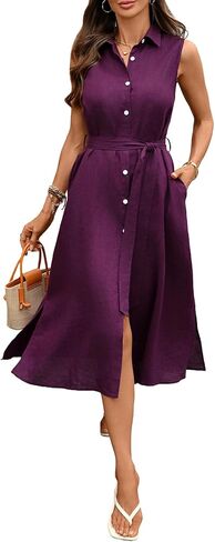 Women's Linen Midi Dress Button Down Shirt Dresses 100% Linen Collar Sleeveless Belt Dress with Pockets in Kuwait