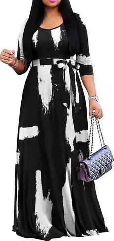 FANDEE Women's Long Maxi Dress 2025 Casual 3/4 Sleeve Dresses Empire Waist Round Neck with Belt in Kuwait