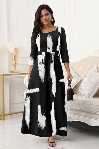 FANDEE Women's Long Maxi Dress 2025 Casual 3/4 Sleeve Dresses Empire Waist Round Neck with Belt in Kuwait