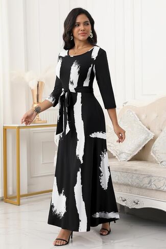 FANDEE Women's Long Maxi Dress 2025 Casual 3/4 Sleeve Dresses Empire Waist Round Neck with Belt in Kuwait