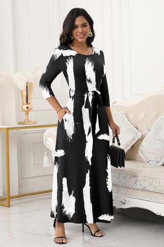 FANDEE Women's Long Maxi Dress 2025 Casual 3/4 Sleeve Dresses Empire Waist Round Neck with Belt in Kuwait