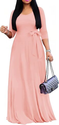 FANDEE Women's Long Maxi Dress 2025 Casual 3/4 Sleeve Dresses Empire Waist Round Neck with Belt in Kuwait