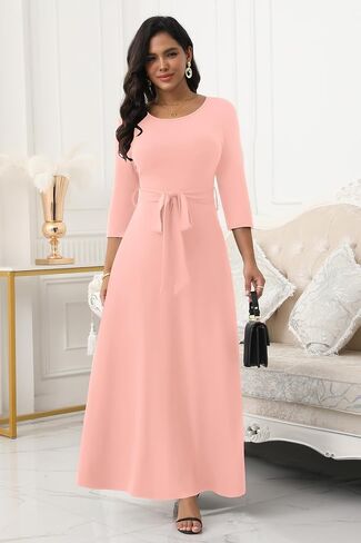 FANDEE Women's Long Maxi Dress 2025 Casual 3/4 Sleeve Dresses Empire Waist Round Neck with Belt in Kuwait