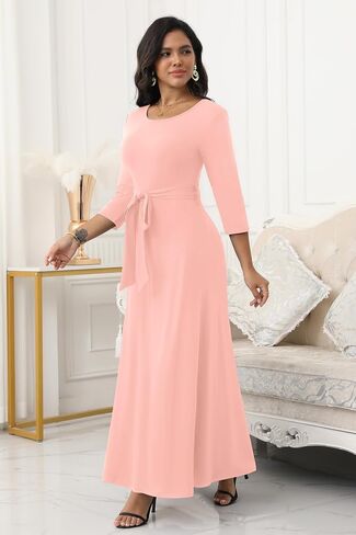FANDEE Women's Long Maxi Dress 2025 Casual 3/4 Sleeve Dresses Empire Waist Round Neck with Belt in Kuwait