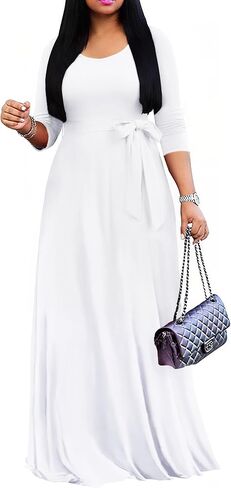 FANDEE Women's Long Maxi Dress 2025 Casual 3/4 Sleeve Dresses Empire Waist Round Neck with Belt in Kuwait