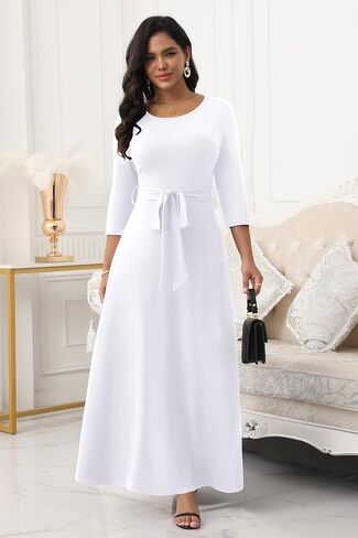 FANDEE Women's Long Maxi Dress 2025 Casual 3/4 Sleeve Dresses Empire Waist Round Neck with Belt in Kuwait