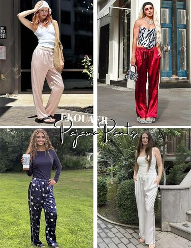 Ekouaer Womens Silk Satin Pajama Pants Soft Comfy Loose Pj Pants Drawstring Elastic Waist Wide Leg Lounge Bottom with Pockets in Saudi Arabia