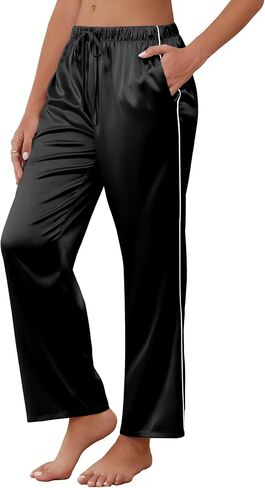 Ekouaer Womens Silk Satin Pajama Pants Soft Comfy Loose Pj Pants Drawstring Elastic Waist Wide Leg Lounge Bottom with Pockets in Saudi Arabia