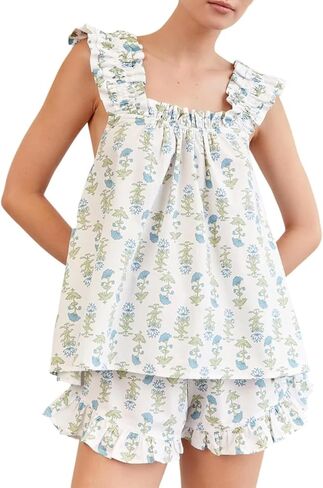 نساء صيف الأزهار pajama مجموعة الكشكش تقليم كامي أعلى coquette pj مجموعة gingham babydoll 2 قطعة شورت الزي in Kuwait