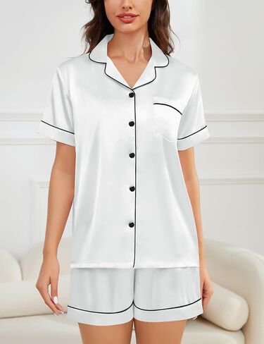 SWOMOG Womens Silk Satin Pajama Sets Short Sleeve Button Down Sleepwear Printed 2 Piece Pj Set Soft Loungewear XS-XXL in Saudi Arabia