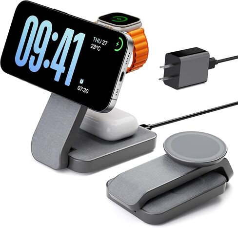 3 in 1 Foldable Wireless Charging Station for MagSafe, Travel Magnetic Charger Stand for iPhone 16 15 14 13 Pro Max, Nightstand Charging Dock with Night Light for Apple Watch/AirPods (White) in Kuwait