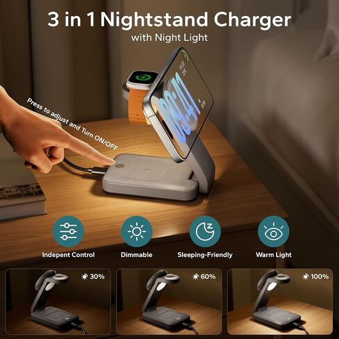3 in 1 Foldable Wireless Charging Station for MagSafe, Travel Magnetic Charger Stand for iPhone 16 15 14 13 Pro Max, Nightstand Charging Dock with Night Light for Apple Watch/AirPods (White) in Kuwait