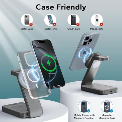 3 in 1 Foldable Wireless Charging Station for MagSafe, Travel Magnetic Charger Stand for iPhone 16 15 14 13 Pro Max, Nightstand Charging Dock with Night Light for Apple Watch/AirPods (White) in Kuwait