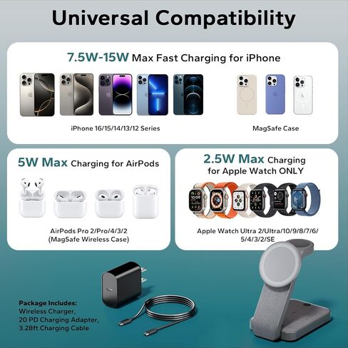 3 in 1 Foldable Wireless Charging Station for MagSafe, Travel Magnetic Charger Stand for iPhone 16 15 14 13 Pro Max, Nightstand Charging Dock with Night Light for Apple Watch/AirPods (White) in Kuwait
