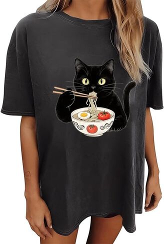 Oversized Cat Shirts for Women Funny Animal Print Tops Cute Teen Girl Clothes Summer Graphic Tees in Saudi Arabia