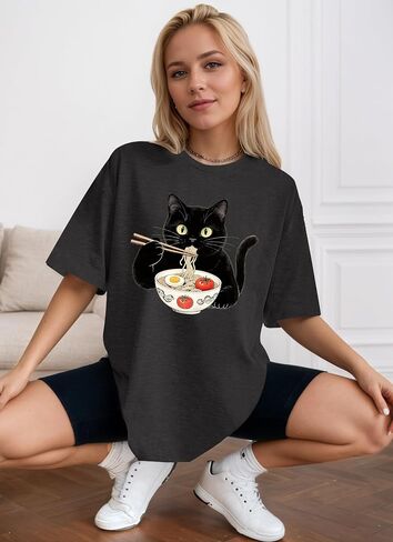 Oversized Cat Shirts for Women Funny Animal Print Tops Cute Teen Girl Clothes Summer Graphic Tees in Saudi Arabia