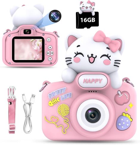 Kids Camera for Girls Age 3-8, Selfie Digital Camera for Kids, Children Toddler Camera for Chritmas Birthday Festival Gifts with Cute Protective Cat Case & 16GB TF Card, Pink in Saudi Arabia