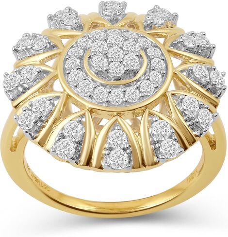 Jewelili Yellow Gold Plated Sterling Silver Halo Engagement Ring | I Color I2 Clarity 1 CTTW Round Lab Grown Diamonds | Ring Size 6, 7 & 8 | Luxury Bridal & Wedding Jewelry for Her | Gift Box Included in Saudi Arabia