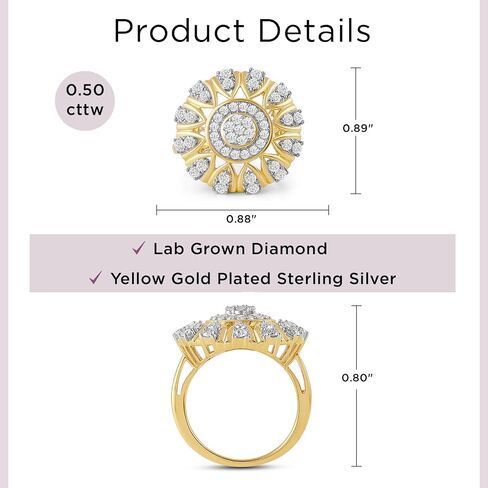 Jewelili Yellow Gold Plated Sterling Silver Halo Engagement Ring | I Color I2 Clarity 1 CTTW Round Lab Grown Diamonds | Ring Size 6, 7 & 8 | Luxury Bridal & Wedding Jewelry for Her | Gift Box Included in Saudi Arabia