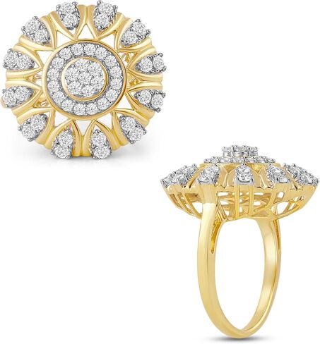 Jewelili Yellow Gold Plated Sterling Silver Halo Engagement Ring | I Color I2 Clarity 1 CTTW Round Lab Grown Diamonds | Ring Size 6, 7 & 8 | Luxury Bridal & Wedding Jewelry for Her | Gift Box Included in Saudi Arabia