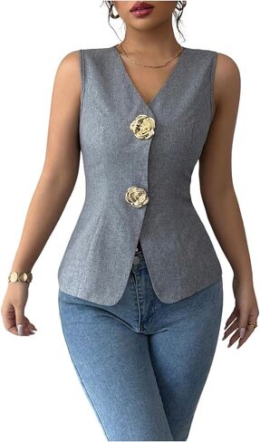 GORGLITTER Women's 3D Flower Metallic Vest Tops Button Up Waistcoat V Neck Sleeveless Vest Blazers in Saudi Arabia