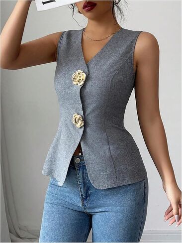 GORGLITTER Women's 3D Flower Metallic Vest Tops Button Up Waistcoat V Neck Sleeveless Vest Blazers in Saudi Arabia